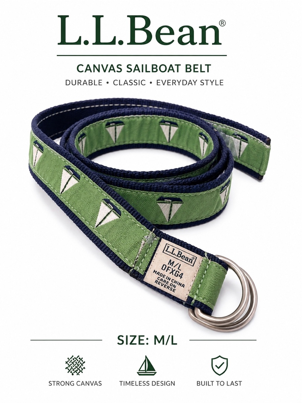 L.L.Bean Sailboat D-Ring Canvas Belt Green Navy Nautical M/L
